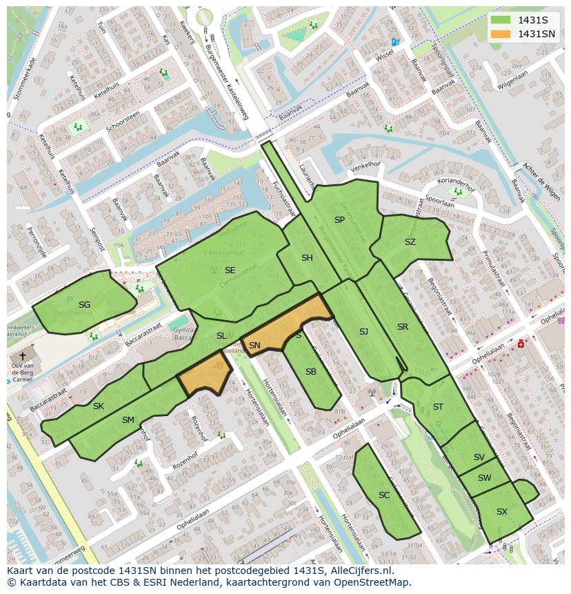 Afbeelding van het postcodegebied 1431 SN op de kaart.