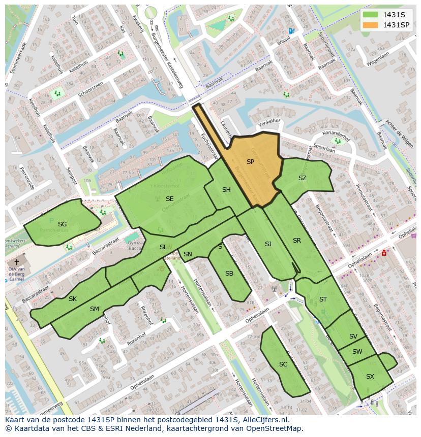 Afbeelding van het postcodegebied 1431 SP op de kaart.