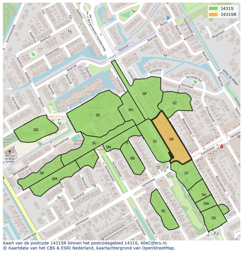 Afbeelding van het postcodegebied 1431 SR op de kaart.