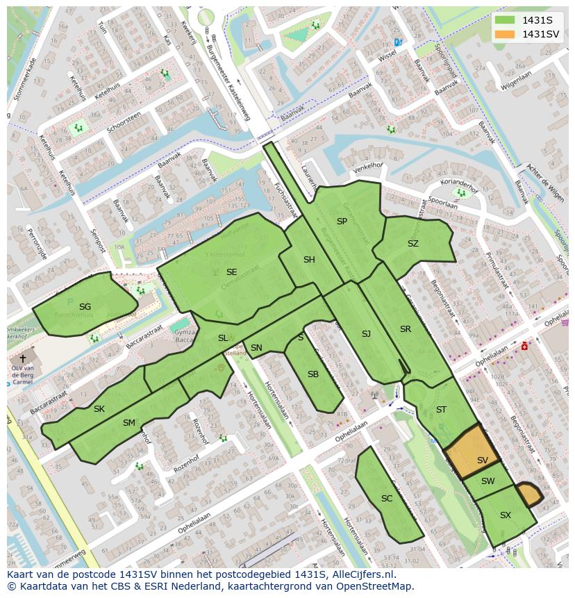 Afbeelding van het postcodegebied 1431 SV op de kaart.