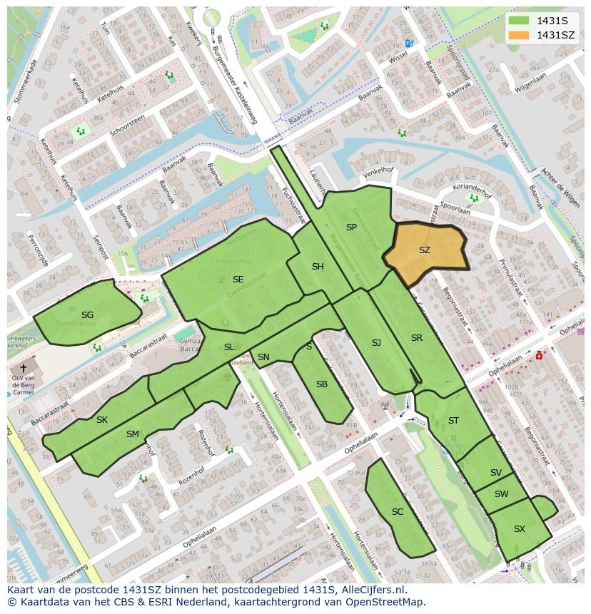 Afbeelding van het postcodegebied 1431 SZ op de kaart.