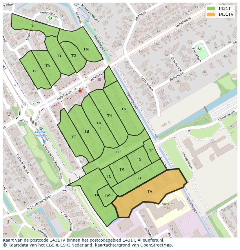 Afbeelding van het postcodegebied 1431 TV op de kaart.