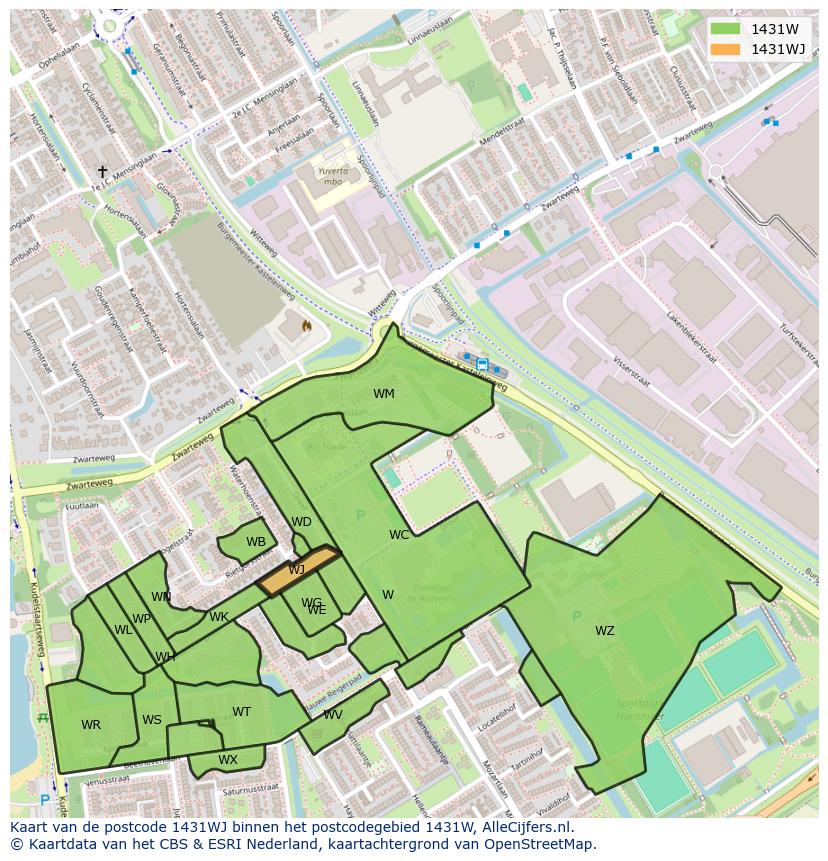 Afbeelding van het postcodegebied 1431 WJ op de kaart.