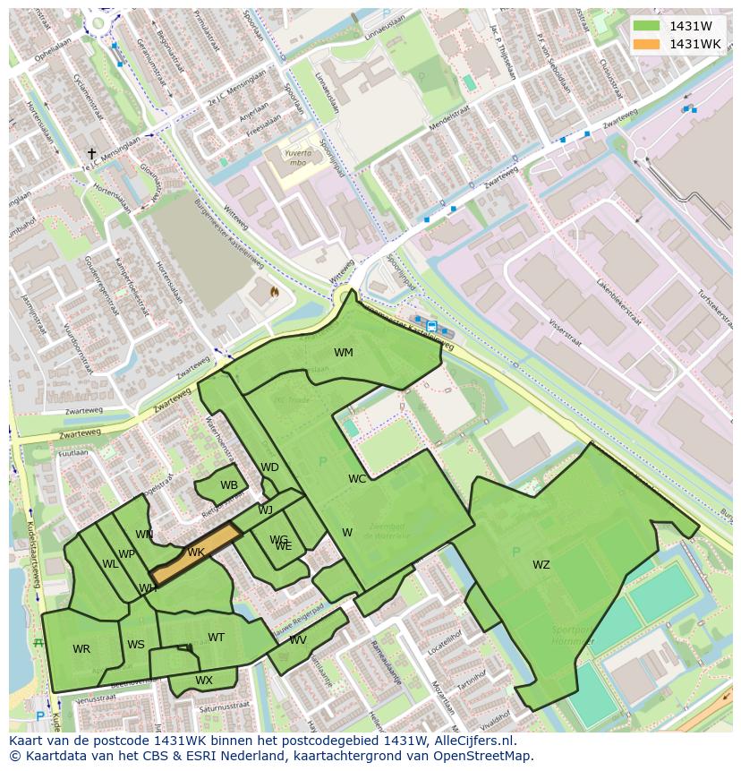 Afbeelding van het postcodegebied 1431 WK op de kaart.