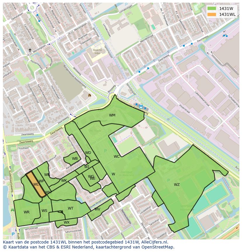 Afbeelding van het postcodegebied 1431 WL op de kaart.