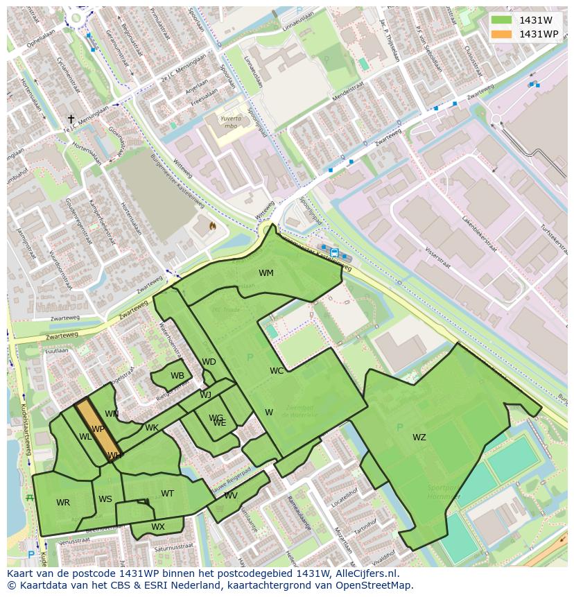 Afbeelding van het postcodegebied 1431 WP op de kaart.