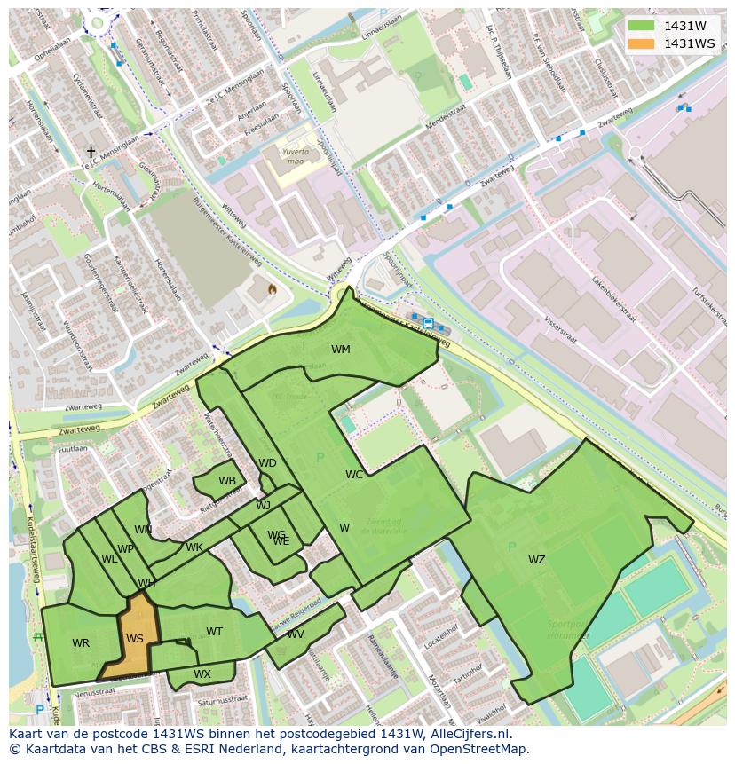 Afbeelding van het postcodegebied 1431 WS op de kaart.