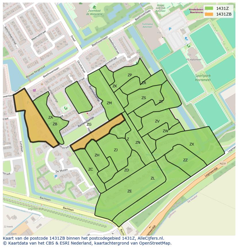 Afbeelding van het postcodegebied 1431 ZB op de kaart.