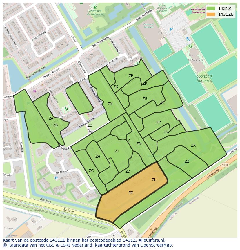 Afbeelding van het postcodegebied 1431 ZE op de kaart.