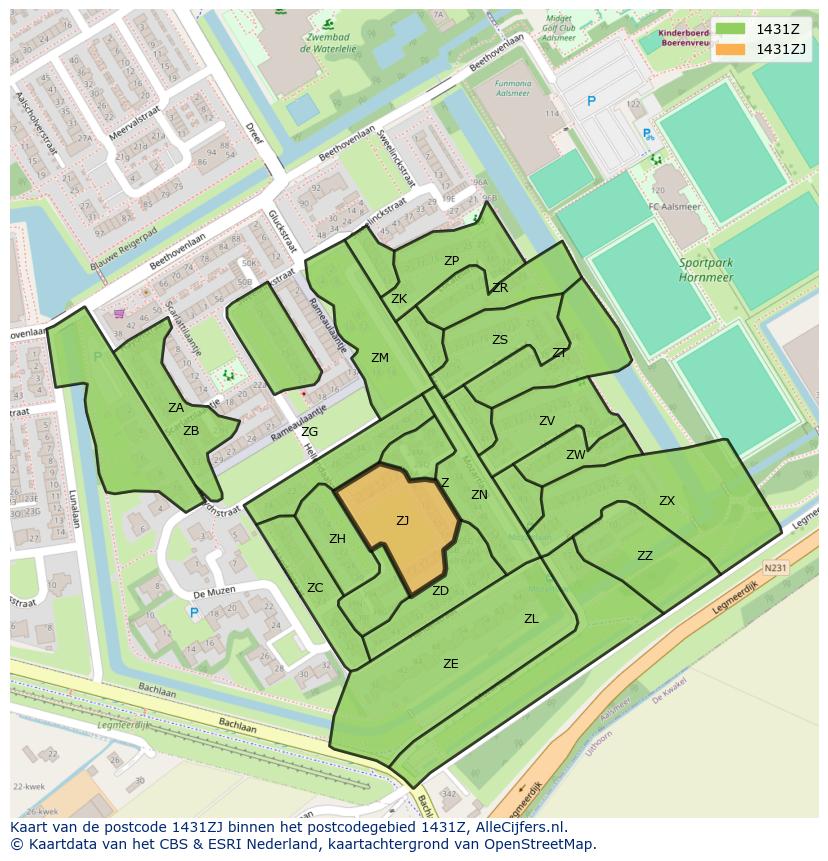 Afbeelding van het postcodegebied 1431 ZJ op de kaart.