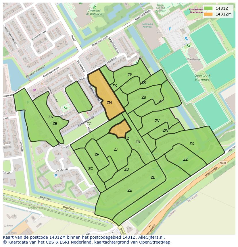 Afbeelding van het postcodegebied 1431 ZM op de kaart.