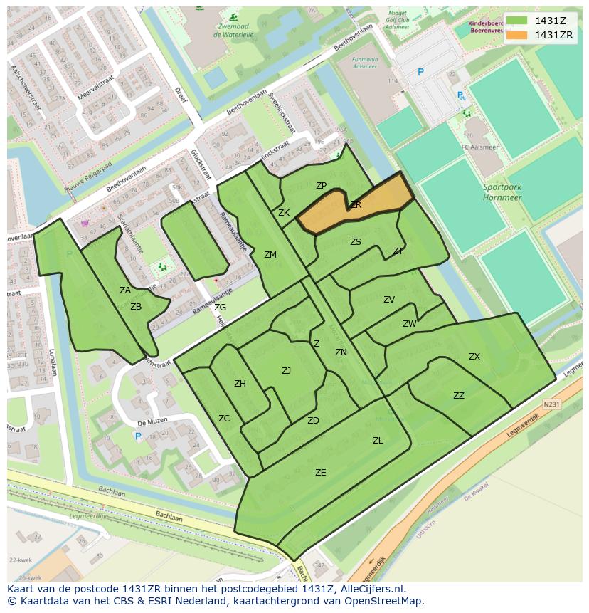 Afbeelding van het postcodegebied 1431 ZR op de kaart.