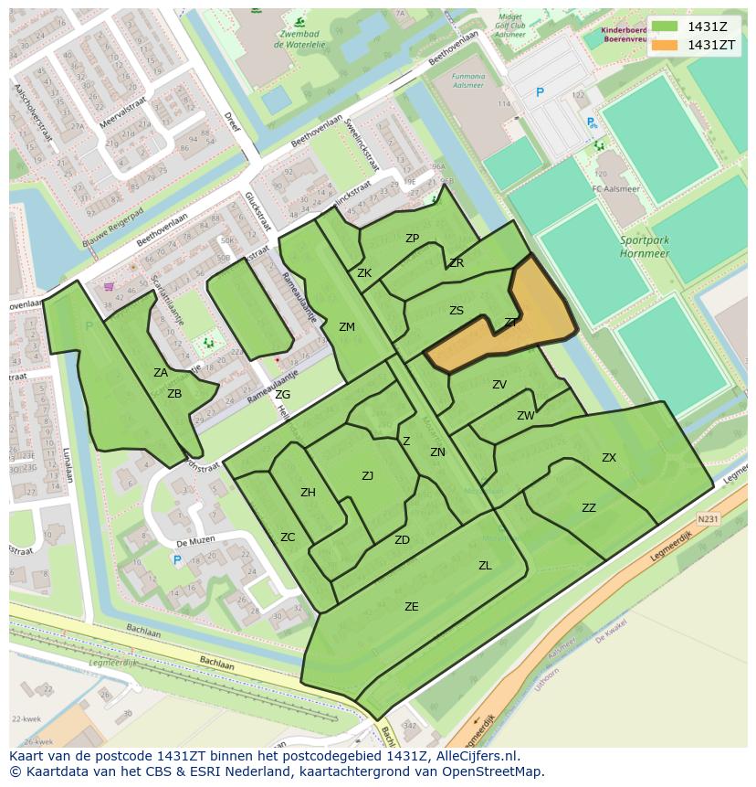 Afbeelding van het postcodegebied 1431 ZT op de kaart.