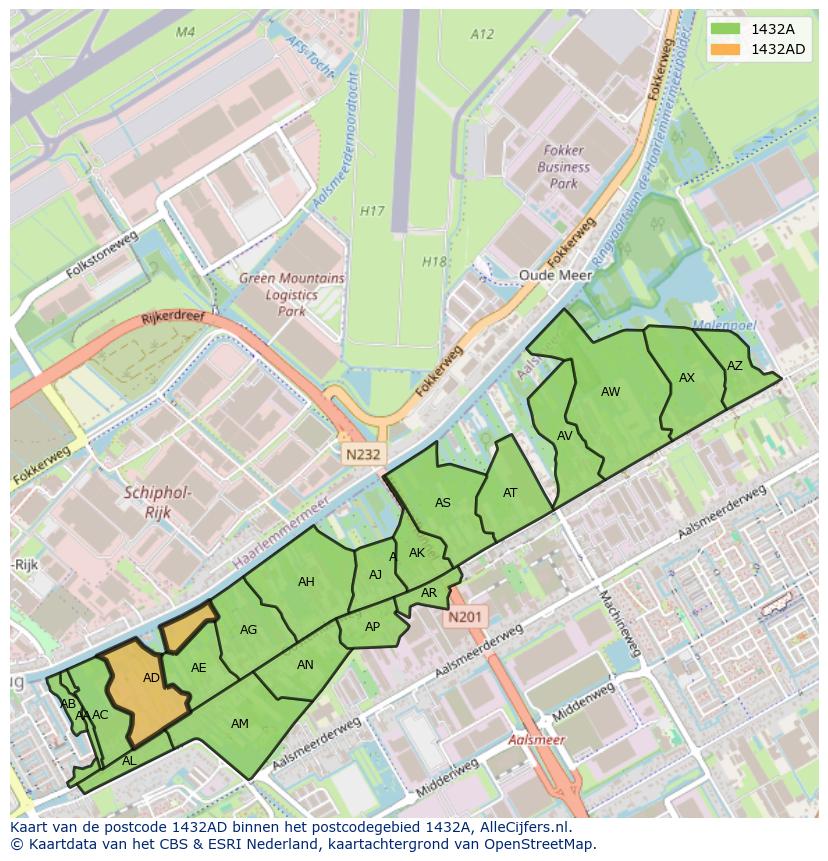 Afbeelding van het postcodegebied 1432 AD op de kaart.