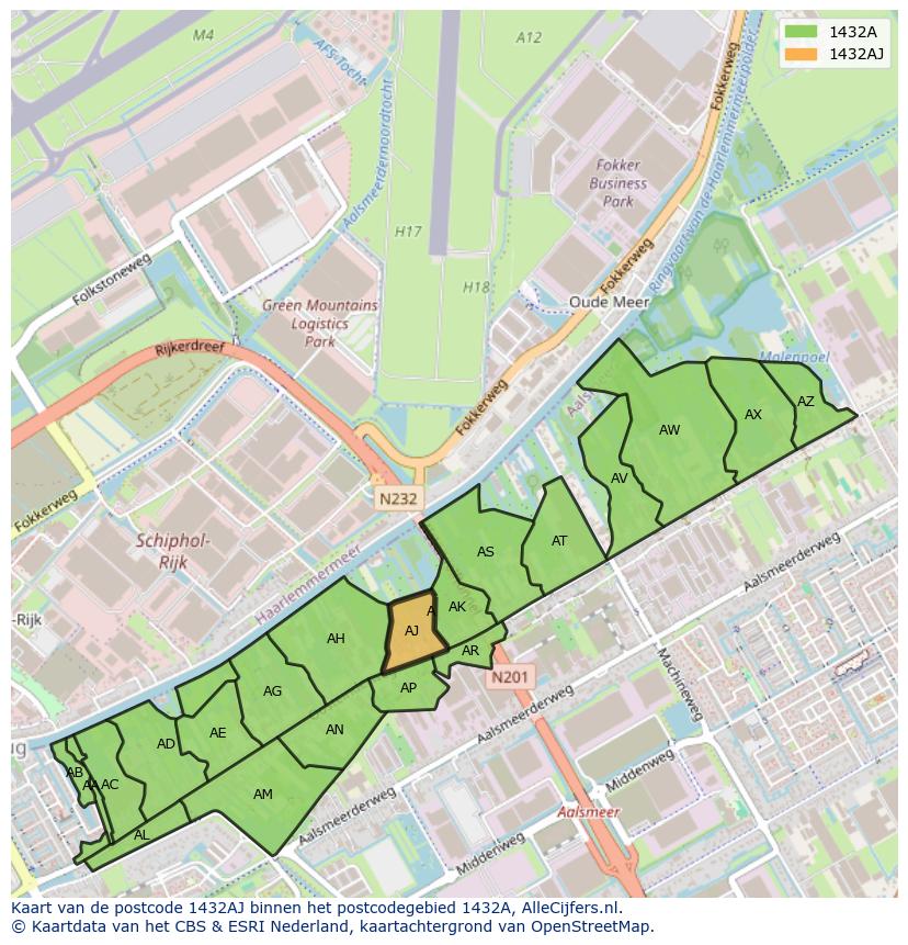 Afbeelding van het postcodegebied 1432 AJ op de kaart.