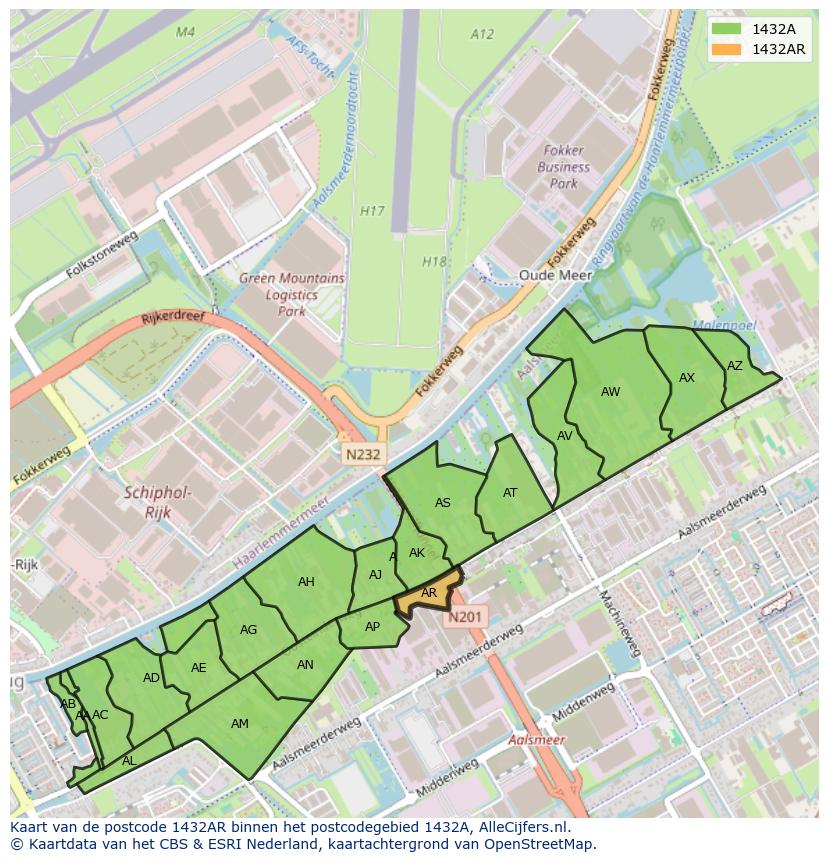 Afbeelding van het postcodegebied 1432 AR op de kaart.
