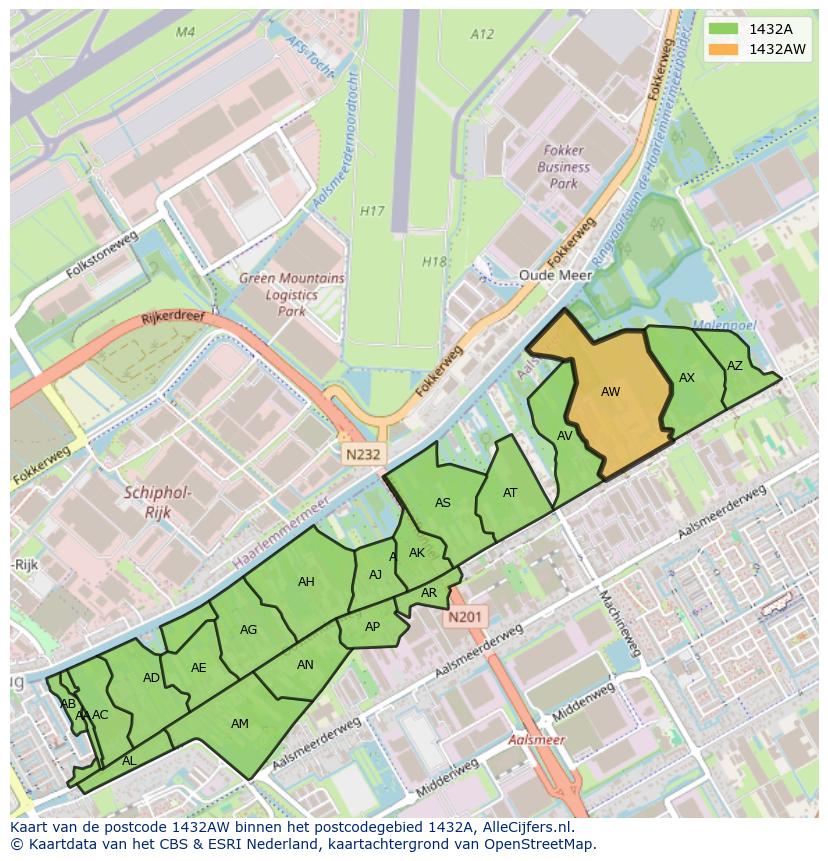 Afbeelding van het postcodegebied 1432 AW op de kaart.