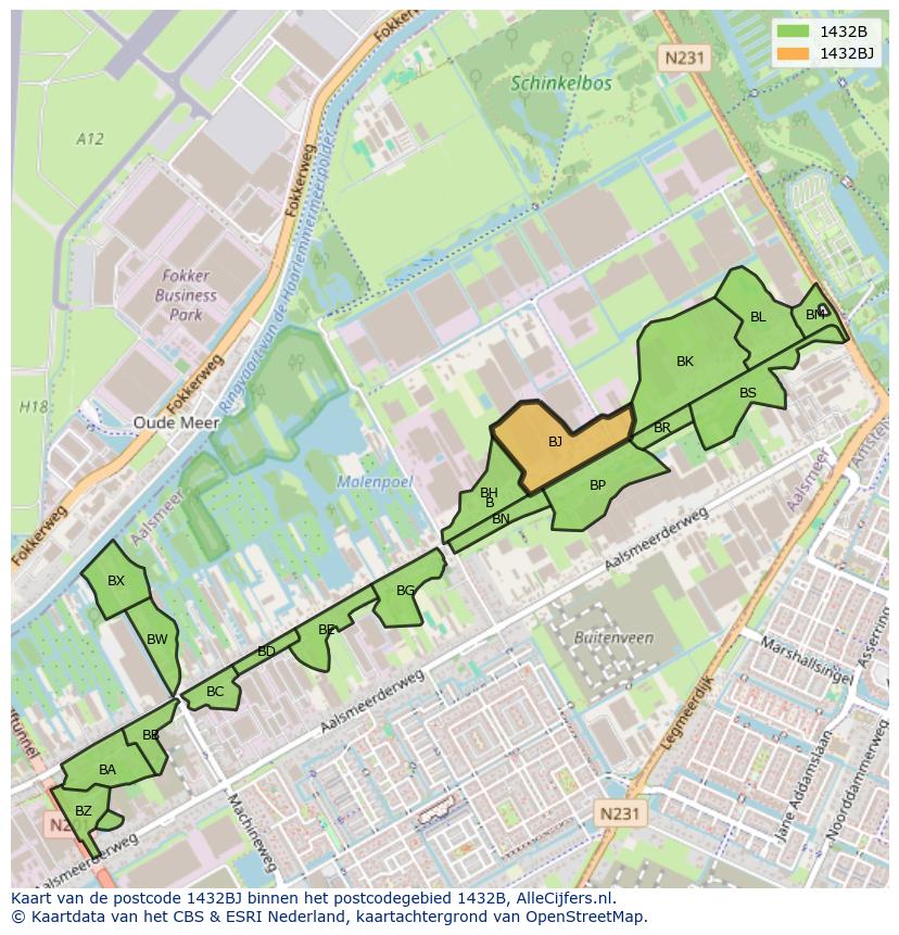 Afbeelding van het postcodegebied 1432 BJ op de kaart.