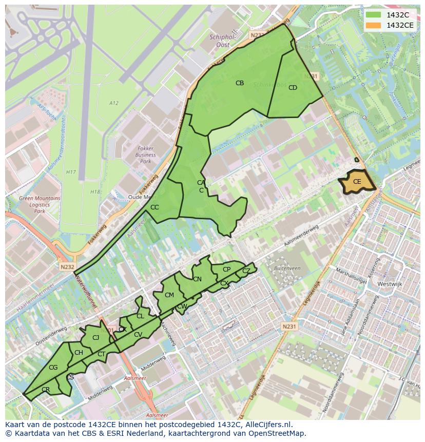 Afbeelding van het postcodegebied 1432 CE op de kaart.