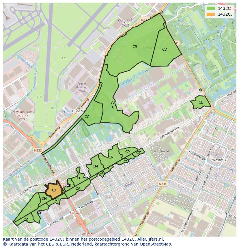 Afbeelding van het postcodegebied 1432 CJ op de kaart.