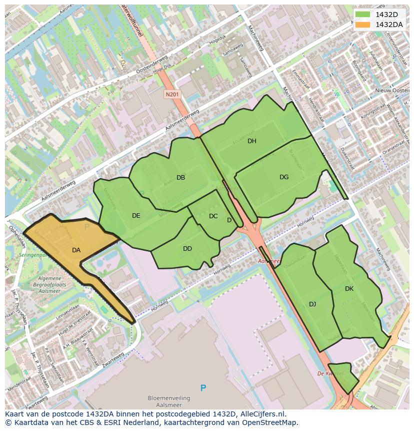 Afbeelding van het postcodegebied 1432 DA op de kaart.