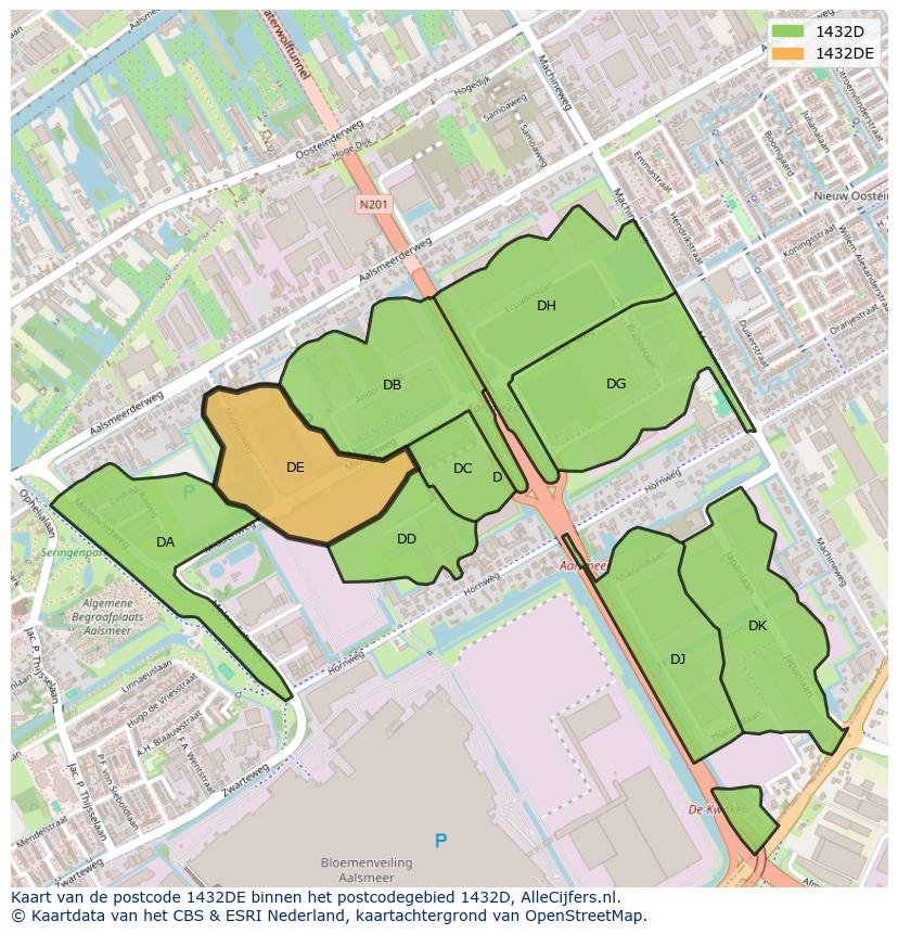 Afbeelding van het postcodegebied 1432 DE op de kaart.