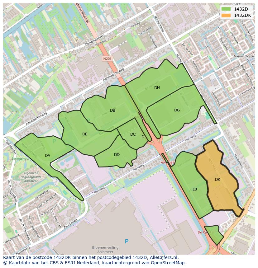 Afbeelding van het postcodegebied 1432 DK op de kaart.