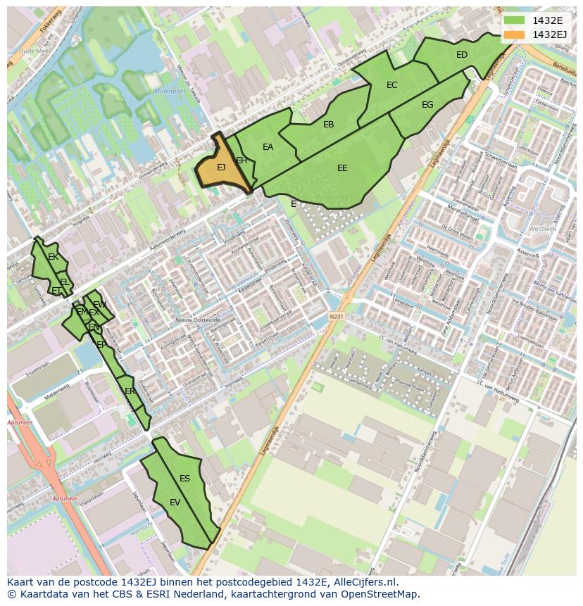 Afbeelding van het postcodegebied 1432 EJ op de kaart.