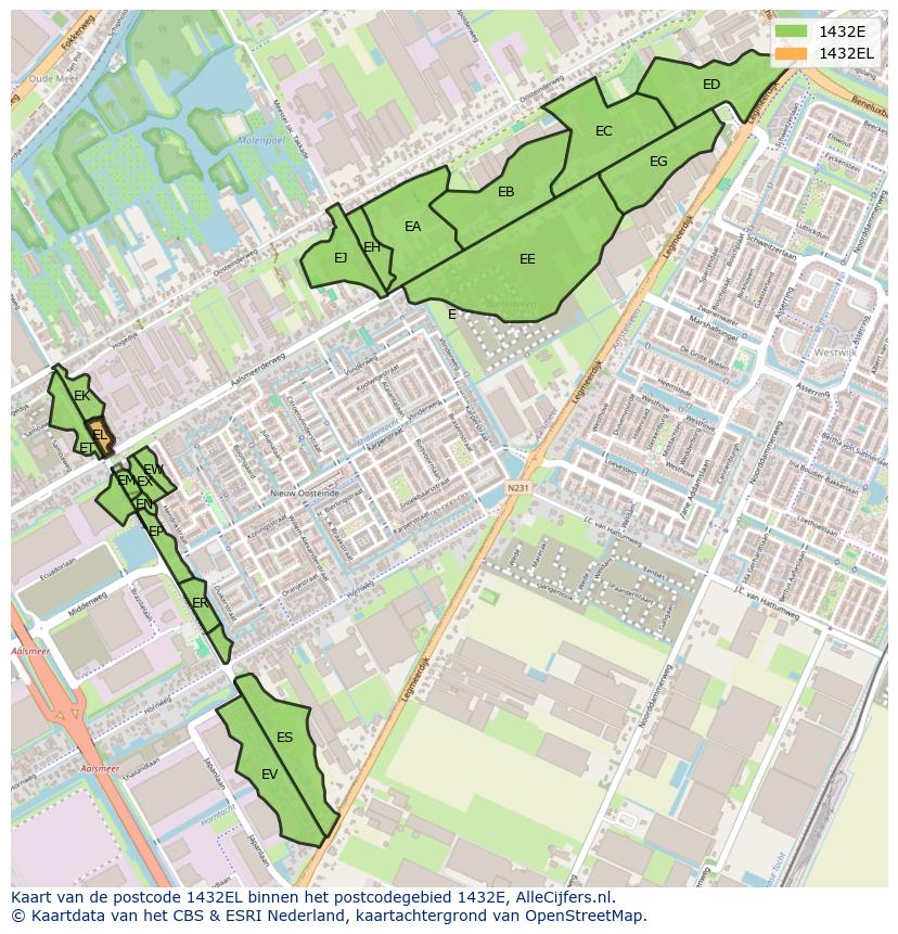 Afbeelding van het postcodegebied 1432 EL op de kaart.