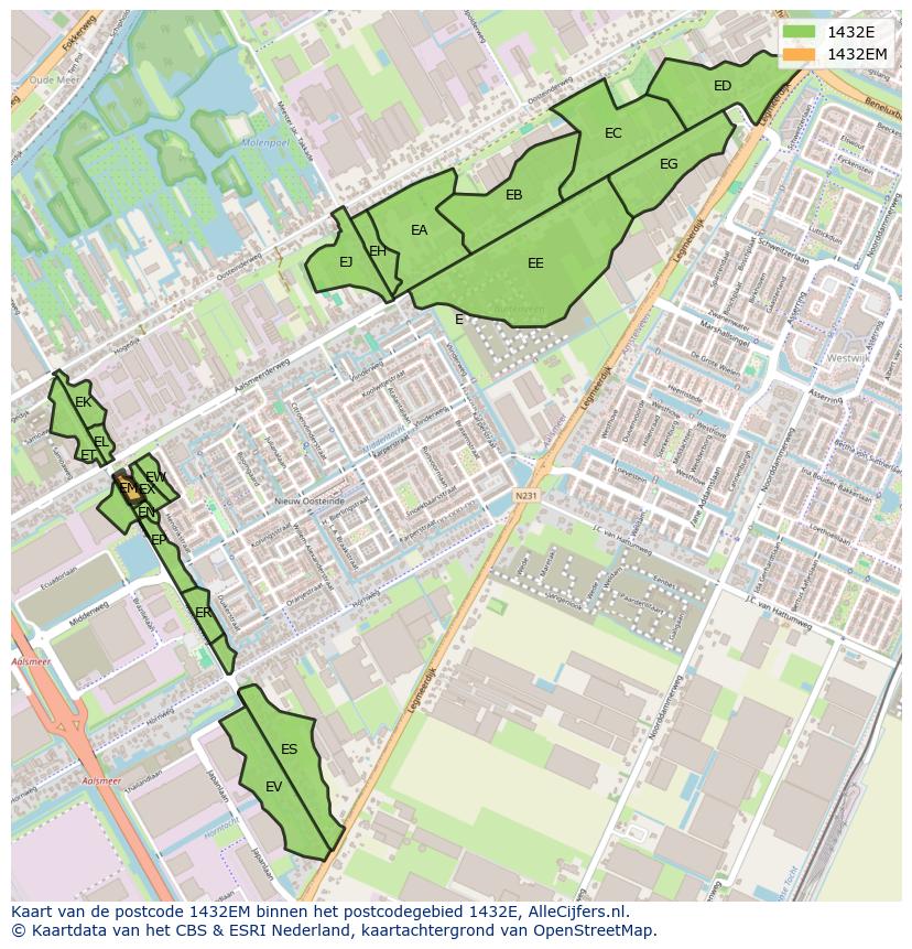 Afbeelding van het postcodegebied 1432 EM op de kaart.