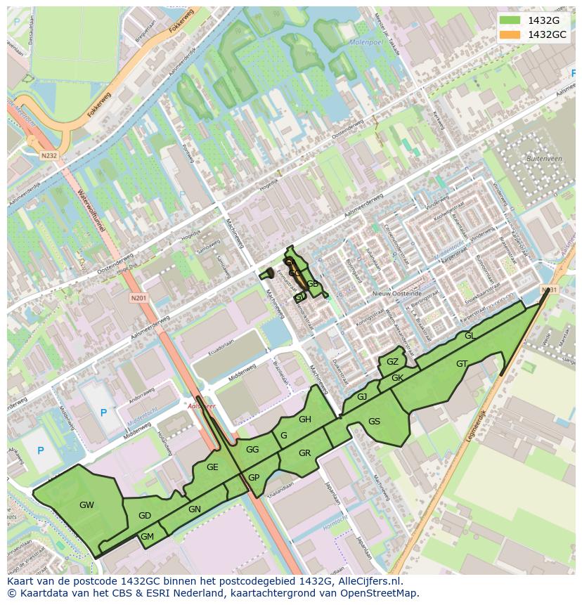 Afbeelding van het postcodegebied 1432 GC op de kaart.