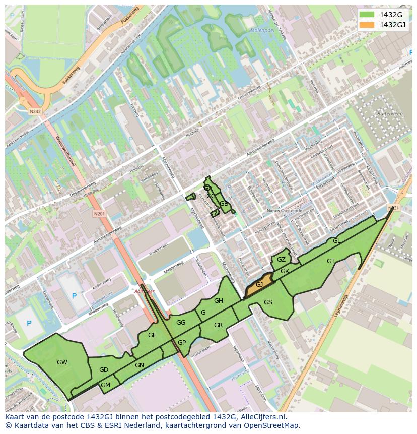 Afbeelding van het postcodegebied 1432 GJ op de kaart.