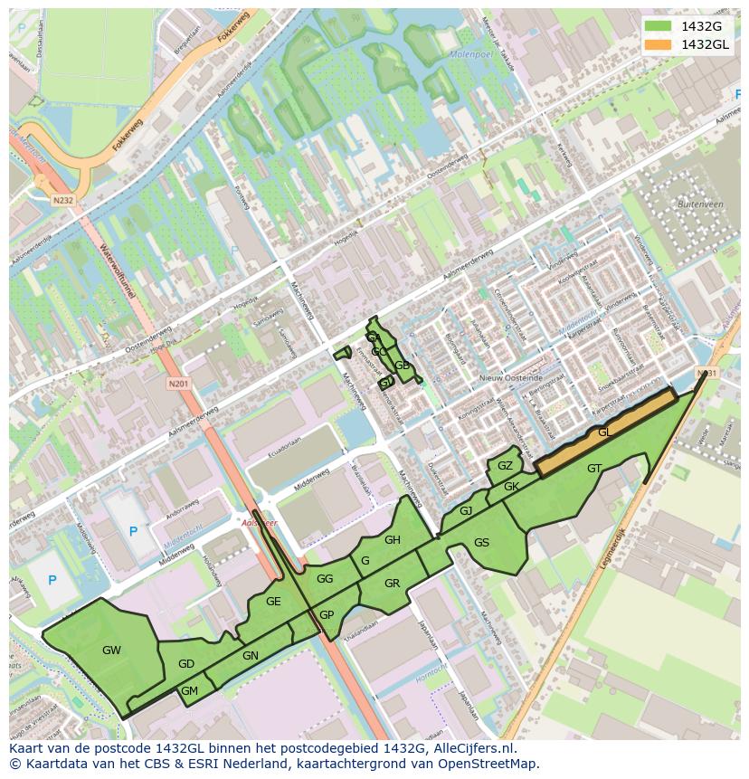 Afbeelding van het postcodegebied 1432 GL op de kaart.