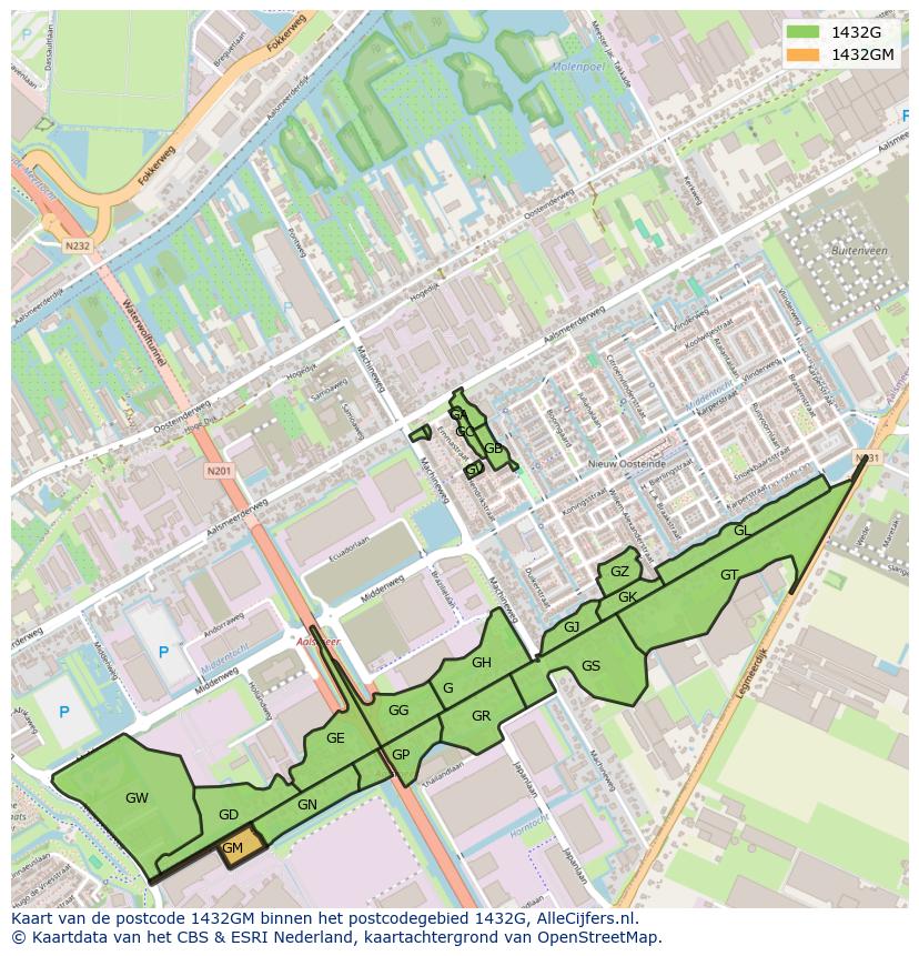 Afbeelding van het postcodegebied 1432 GM op de kaart.
