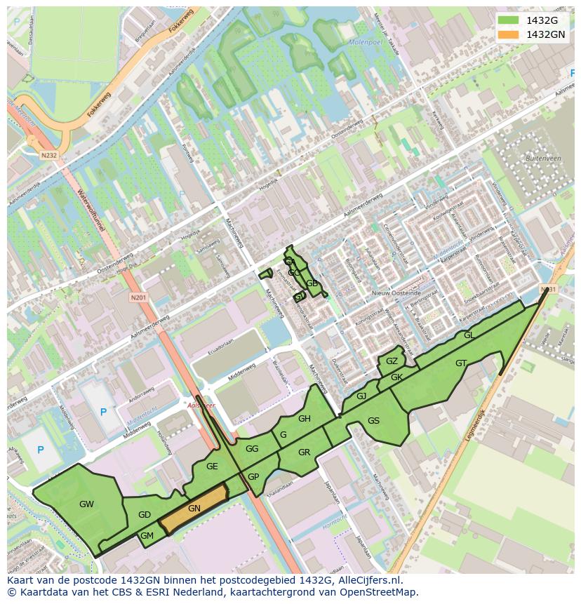 Afbeelding van het postcodegebied 1432 GN op de kaart.