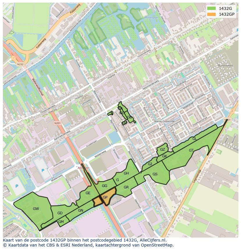 Afbeelding van het postcodegebied 1432 GP op de kaart.