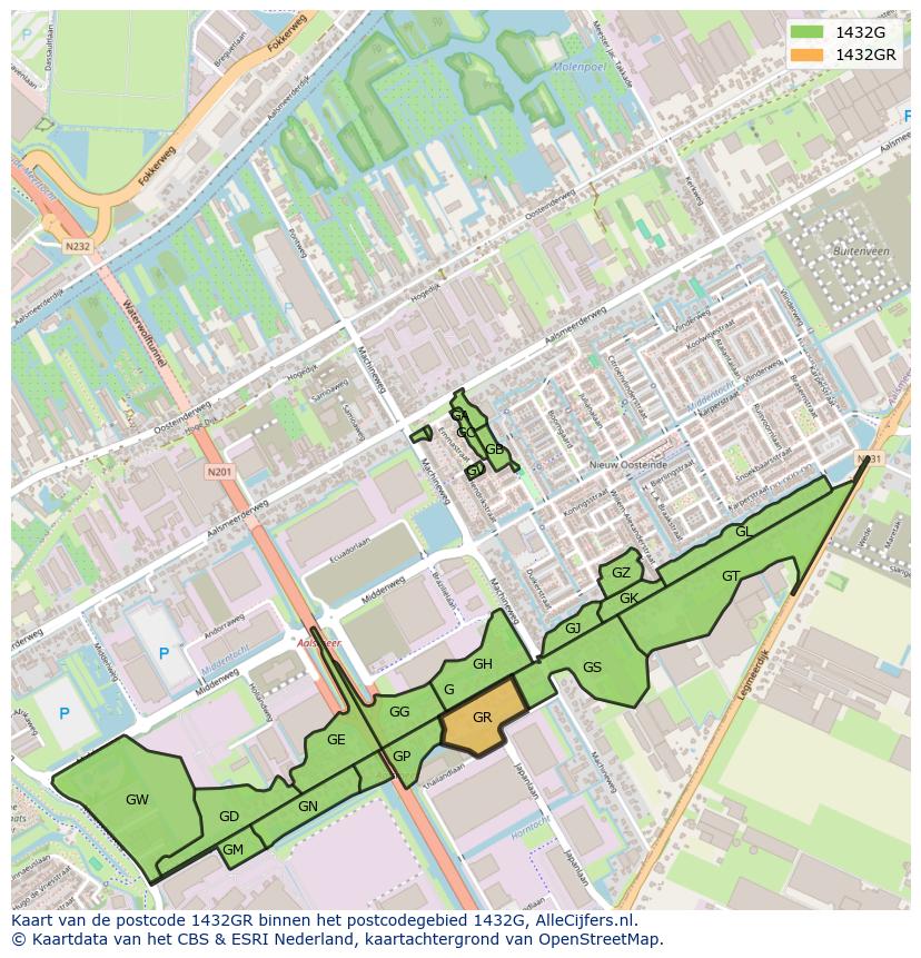 Afbeelding van het postcodegebied 1432 GR op de kaart.