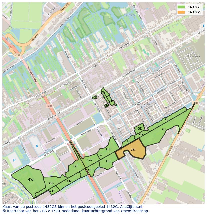 Afbeelding van het postcodegebied 1432 GS op de kaart.