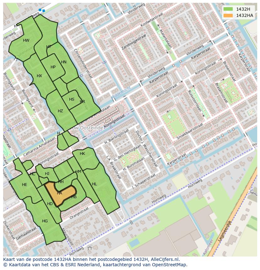 Afbeelding van het postcodegebied 1432 HA op de kaart.