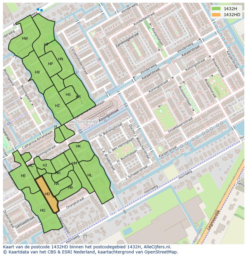 Afbeelding van het postcodegebied 1432 HD op de kaart.