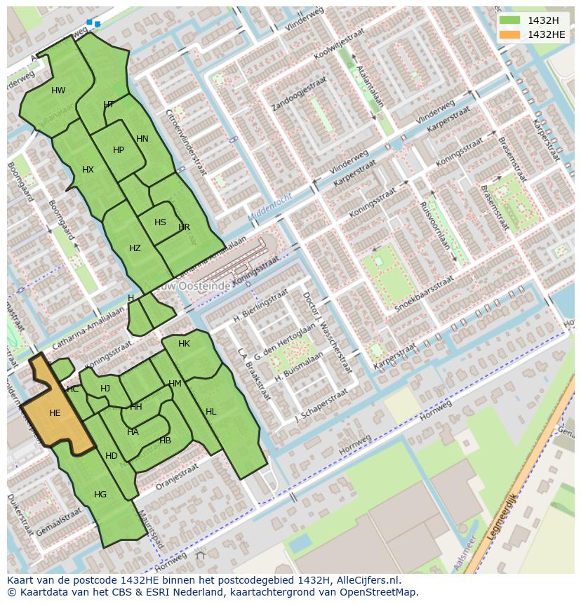 Afbeelding van het postcodegebied 1432 HE op de kaart.