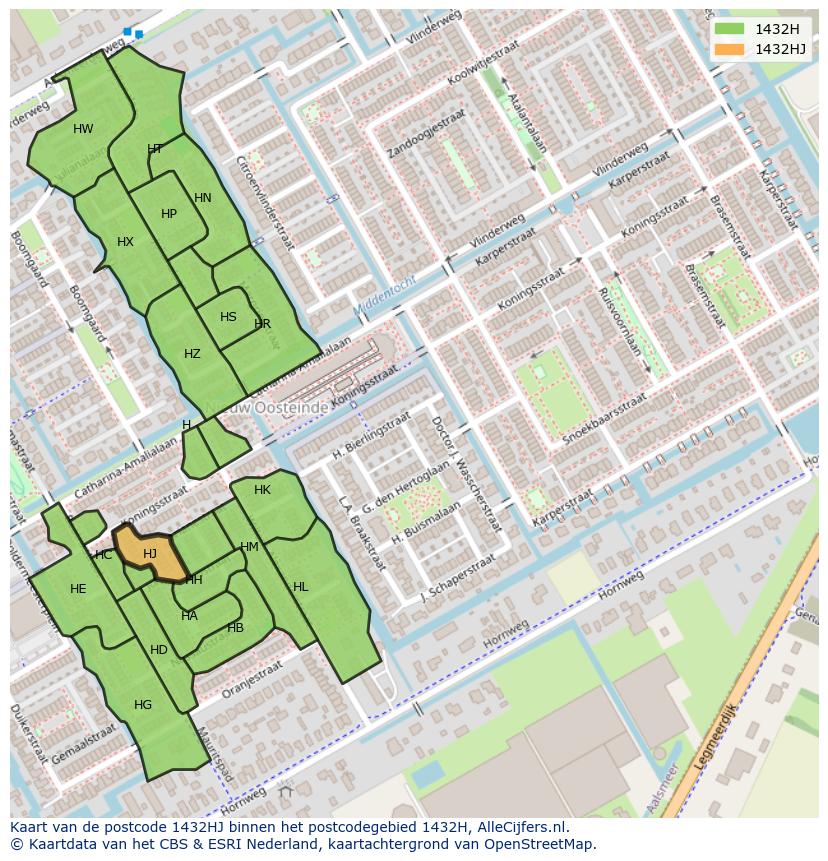 Afbeelding van het postcodegebied 1432 HJ op de kaart.
