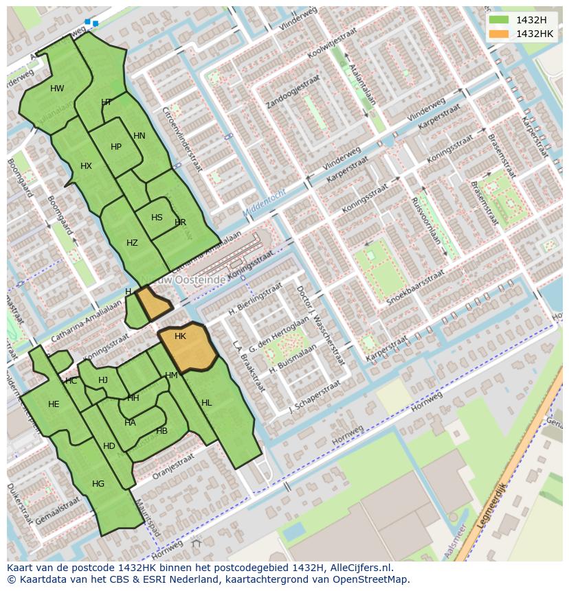 Afbeelding van het postcodegebied 1432 HK op de kaart.