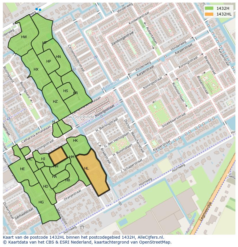 Afbeelding van het postcodegebied 1432 HL op de kaart.