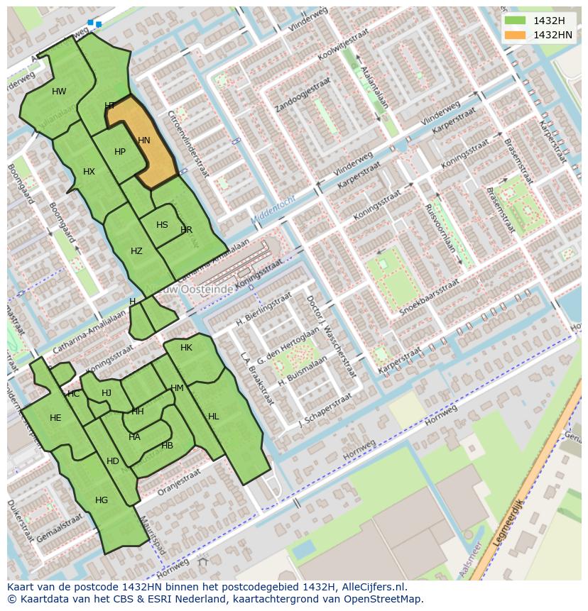 Afbeelding van het postcodegebied 1432 HN op de kaart.