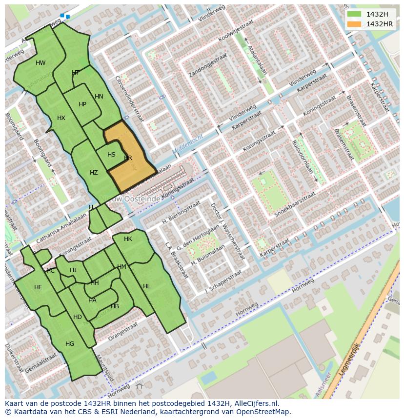 Afbeelding van het postcodegebied 1432 HR op de kaart.