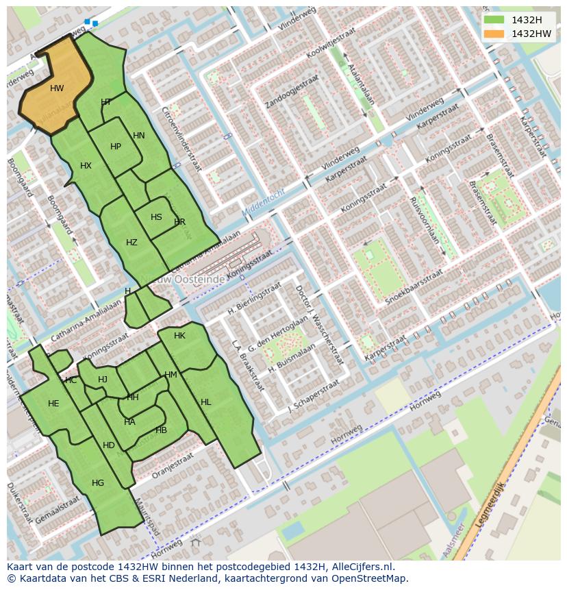 Afbeelding van het postcodegebied 1432 HW op de kaart.