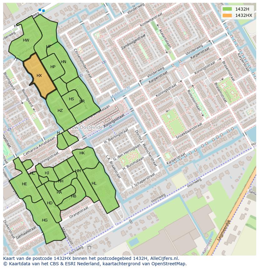 Afbeelding van het postcodegebied 1432 HX op de kaart.