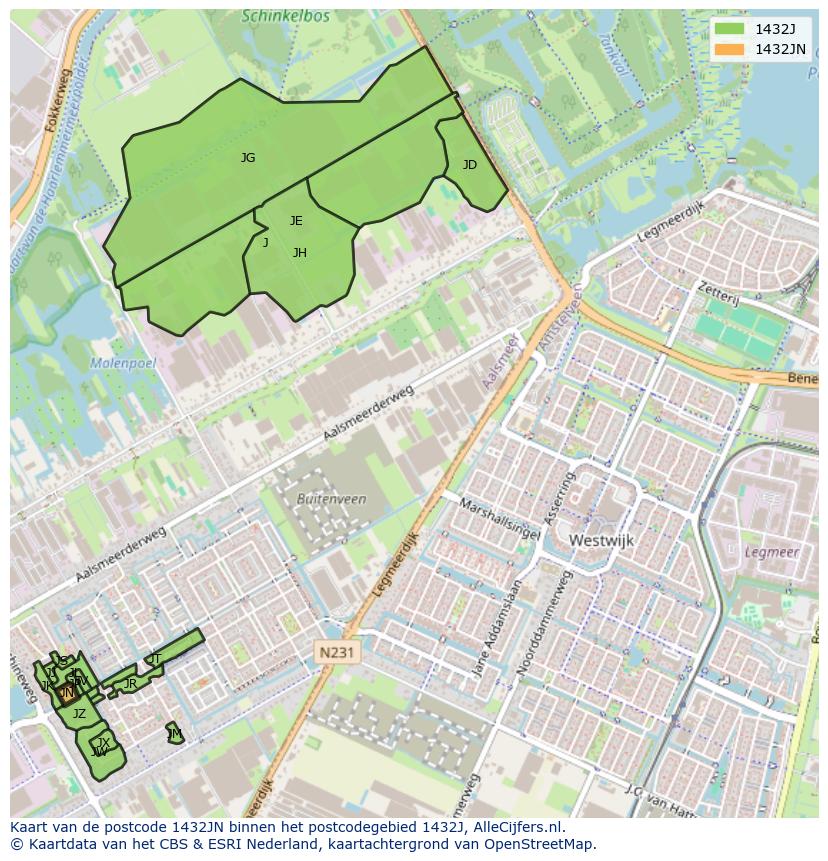 Afbeelding van het postcodegebied 1432 JN op de kaart.