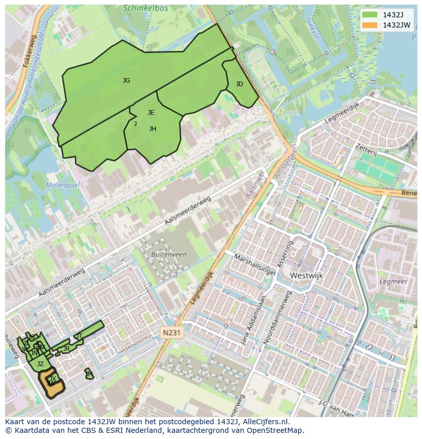 Afbeelding van het postcodegebied 1432 JW op de kaart.